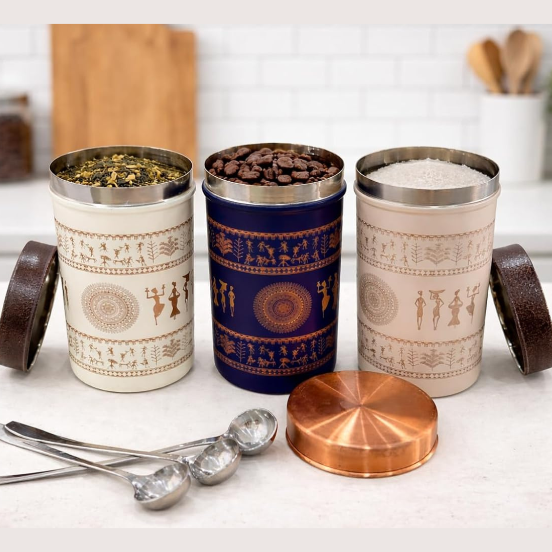 JISCOVERY Printed Steel Containers for Kitchen Storage Set Of 3