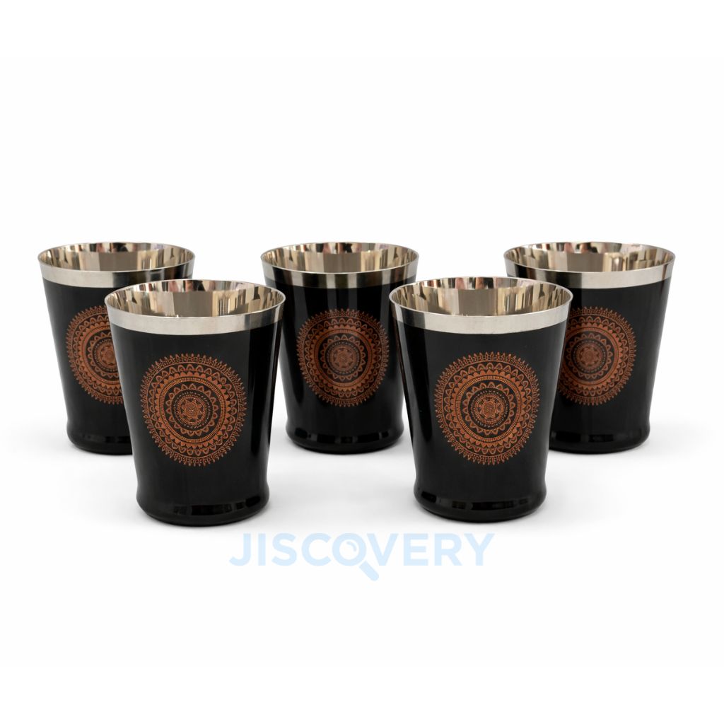 JISCOVERY Stainless Steel Printed Glasses Set of 6 for Water, Milk, Chach & Juice| Designer Bucket Shaped Serving Glass Set| Glass Tumblers| Black| Capacity- 300 ML (Each)