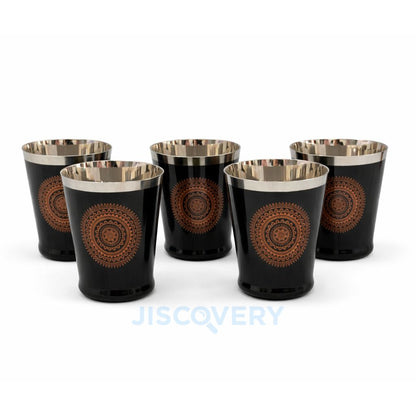 JISCOVERY Stainless Steel Printed Glasses Set of 6 for Water, Milk, Chach & Juice| Designer Bucket Shaped Serving Glass Set| Glass Tumblers| Black| Capacity- 300 ML (Each)