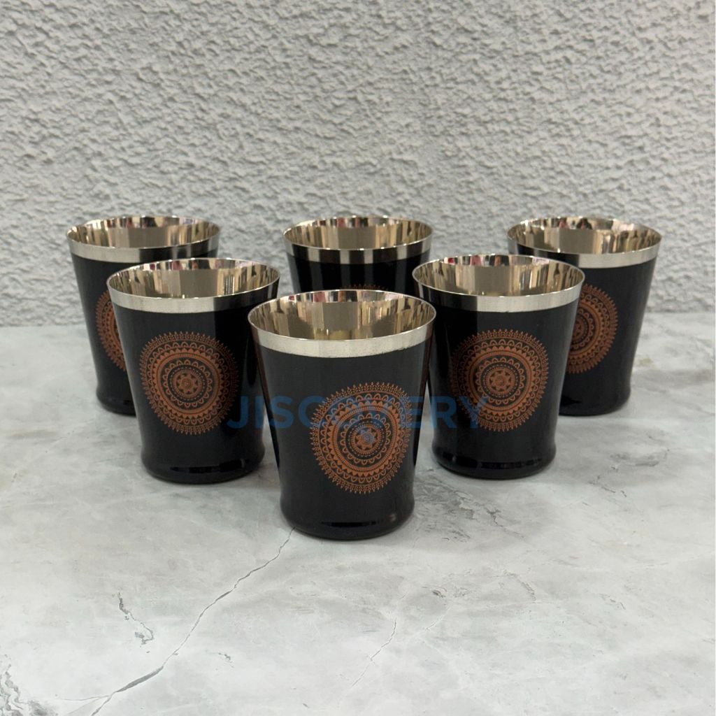 JISCOVERY Stainless Steel Printed Glasses Set of 6 for Water, Milk, Chach & Juice| Designer Bucket Shaped Serving Glass Set| Glass Tumblers| Black| Capacity- 300 ML (Each)