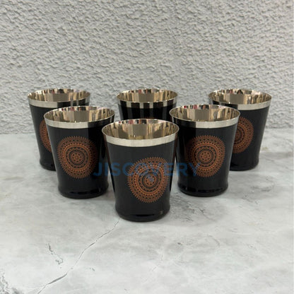 JISCOVERY Stainless Steel Printed Glasses Set of 6 for Water, Milk, Chach & Juice| Designer Bucket Shaped Serving Glass Set| Glass Tumblers| Black| Capacity- 300 ML (Each)