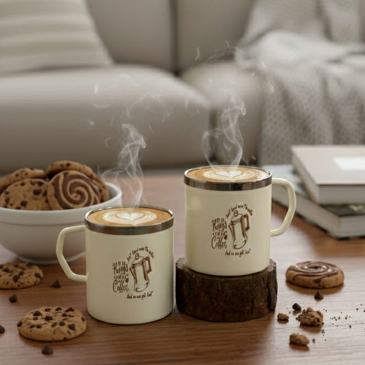 JISCOVERY Stainless Steel Coffee & Tea Mug with Printed Design Set of 2 for Home, Office, Travel & Gifting| Mugs with Handle| 300 ML (Beige)