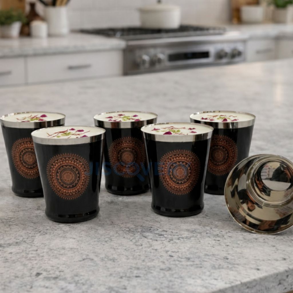 JISCOVERY Stainless Steel Printed Glasses Set of 6 for Water, Milk, Chach & Juice| Designer Bucket Shaped Serving Glass Set| Glass Tumblers| Black| Capacity- 300 ML (Each)
