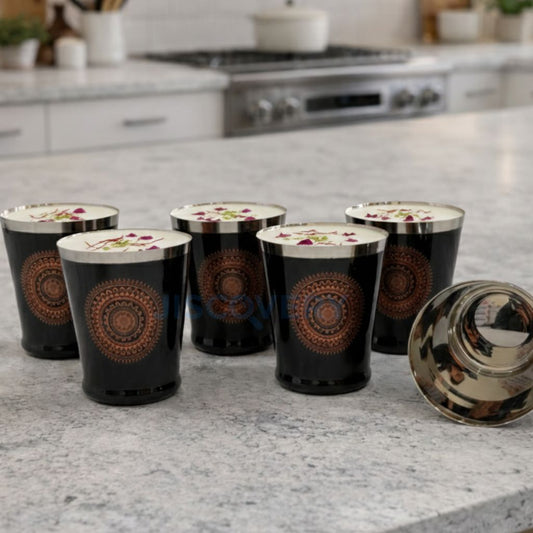 JISCOVERY Stainless Steel Printed Glasses Set of 6 for Water, Milk, Chach & Juice| Designer Bucket Shaped Serving Glass Set| Glass Tumblers| Black| Capacity- 300 ML (Each)
