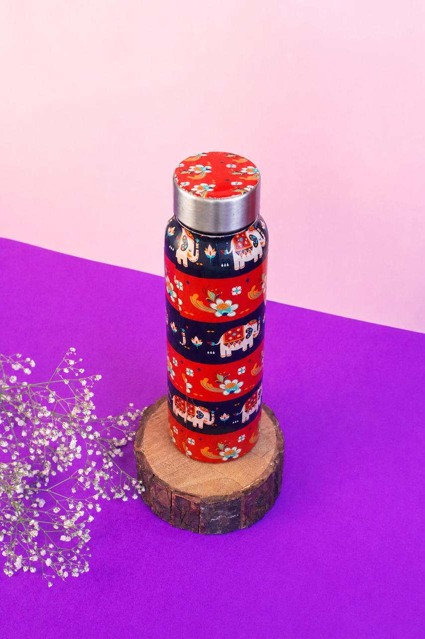 JISCOVERY Premium Stainless Steel Water Bottle| Red Elephant Design- 1000 ML Bottle for Office, School & Home| Leak Proof & Rust Proof