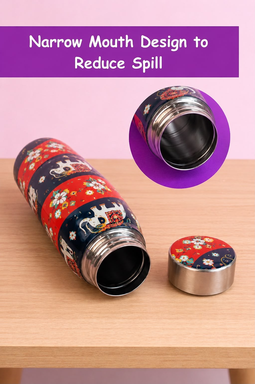 JISCOVERY Premium Stainless Steel Water Bottle| Red Elephant Design- 1000 ML Bottle for Office, School & Home| Leak Proof & Rust Proof