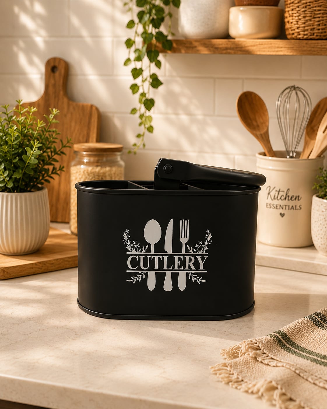 JISCOVERY Metal Cutlery Holder with 4 Compartments| Spoon Stand for Dinning Table