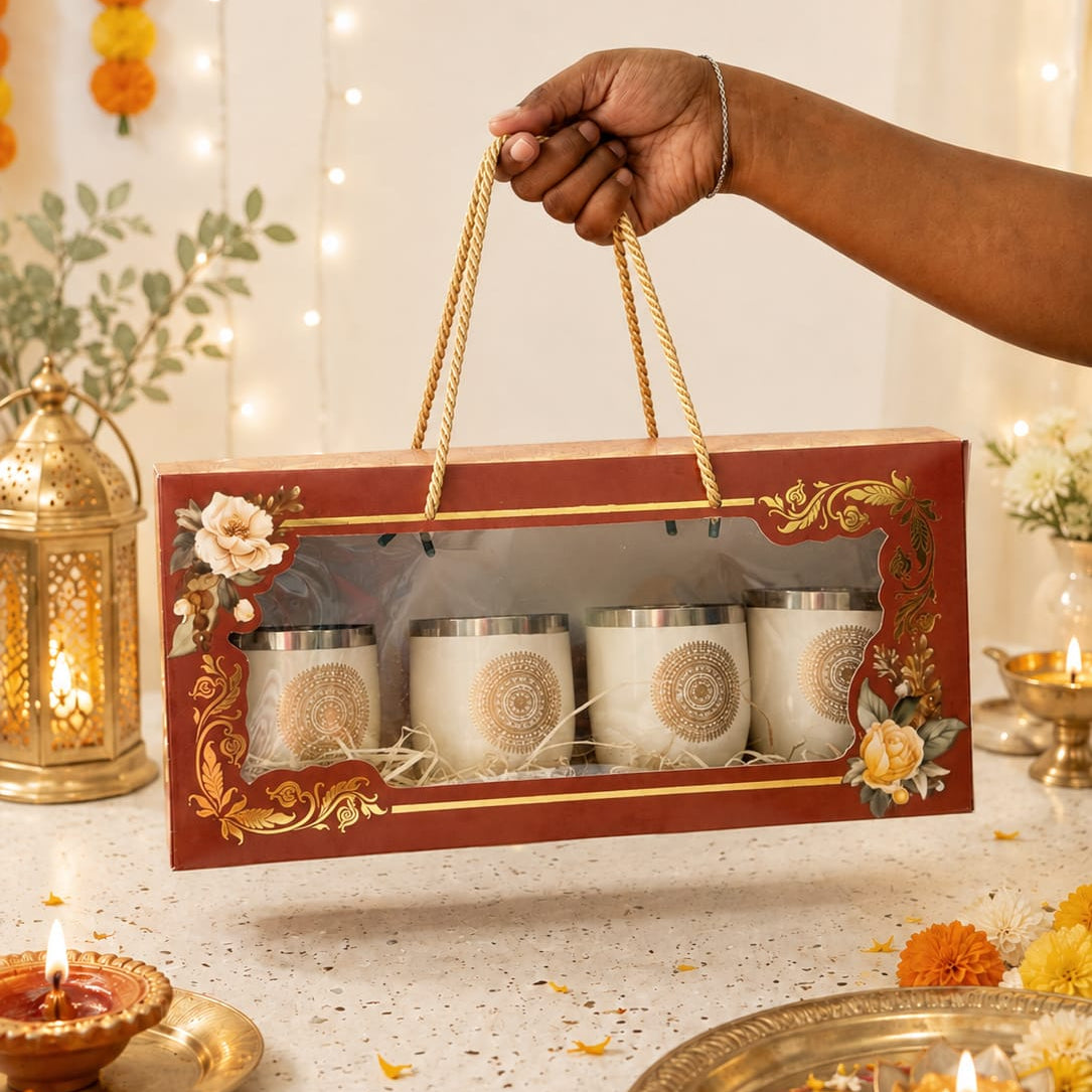 Diwali Gifting Box Stainless Steel Glasses Set Of 4 With Box Beige Color