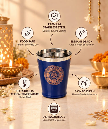 Diwali Gifting Box Stainless Steel Bucket Glasses Set Of 4 With Box (Blue Color)