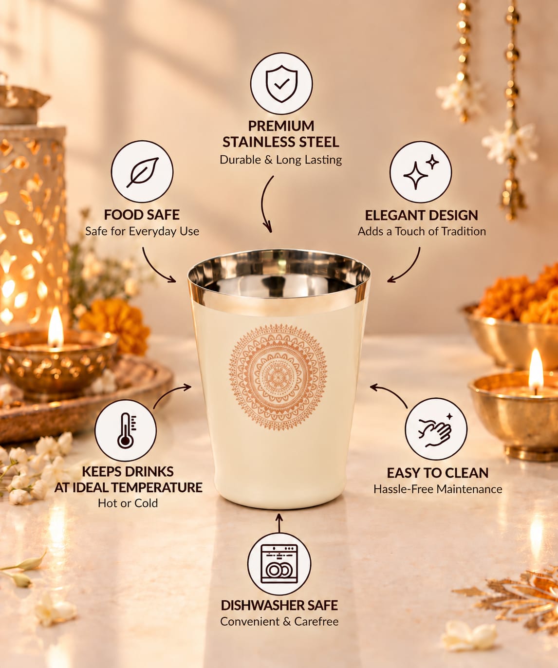 Diwali Gifting Box Stainless Steel Bucket Glasses Set Of 4 With Box (Beige Color)
