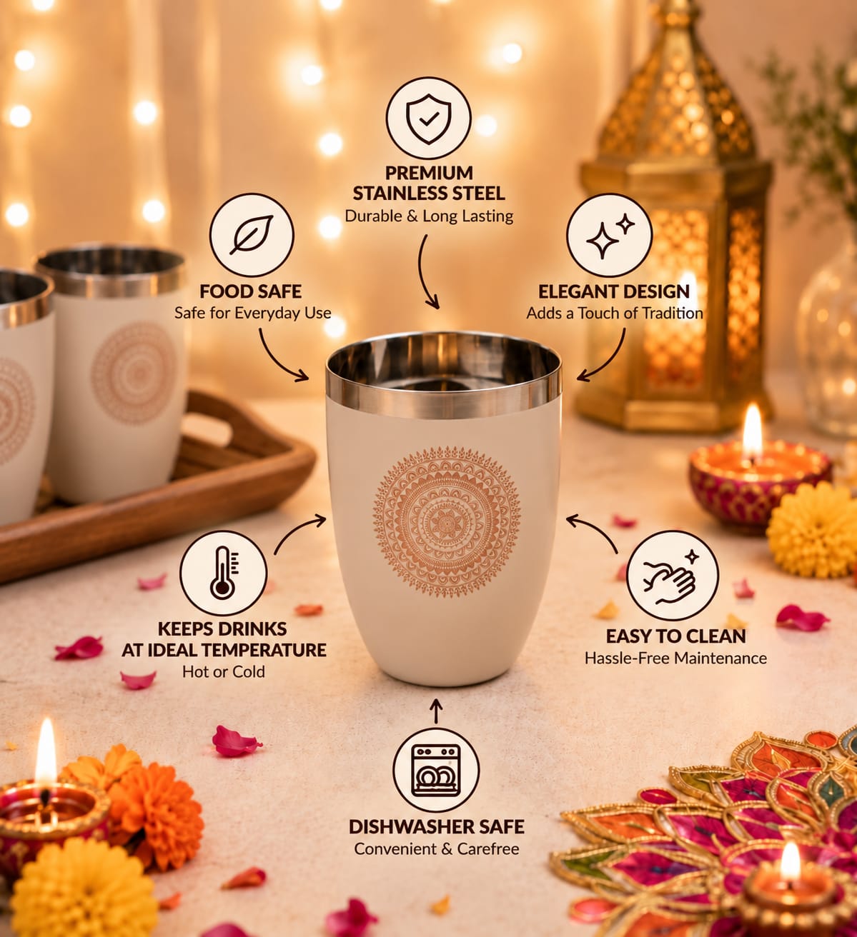 Diwali Gifting Box Stainless Steel Round Glasses Set Of 4 With Box (Coffee Color)