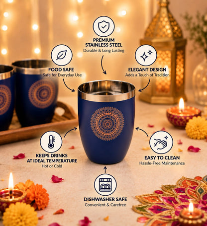 Diwali Gifting Box Stainless Steel Round Glasses Set Of 4 With Box (Blue Color)