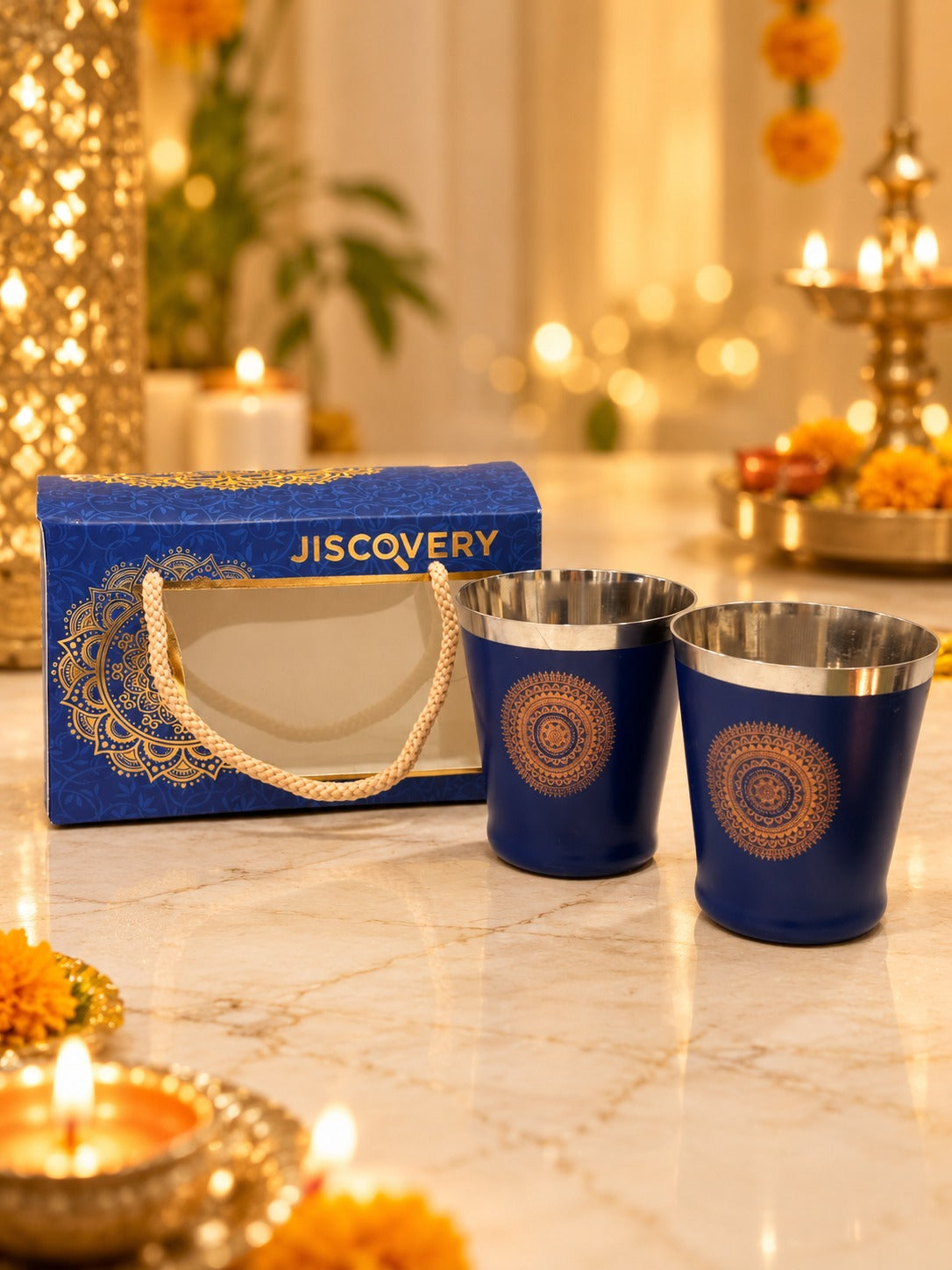 Diwali Gifting Box Stainless Steel Bucket Glasses Set Of 4 With Box Blue Color