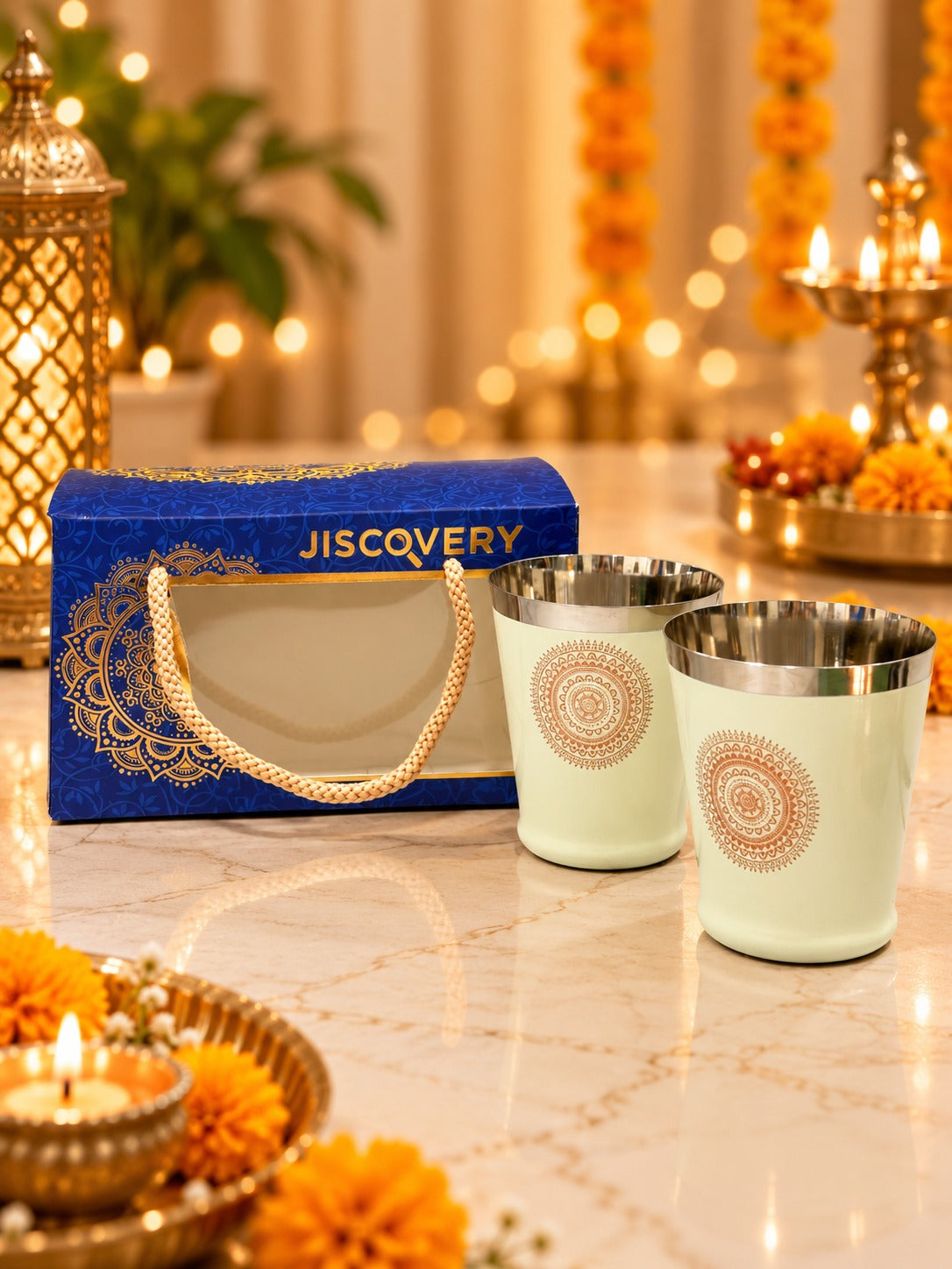 Diwali Gifting Box Stainless Steel Bucket Glasses Set Of 4 With Box Beige Color