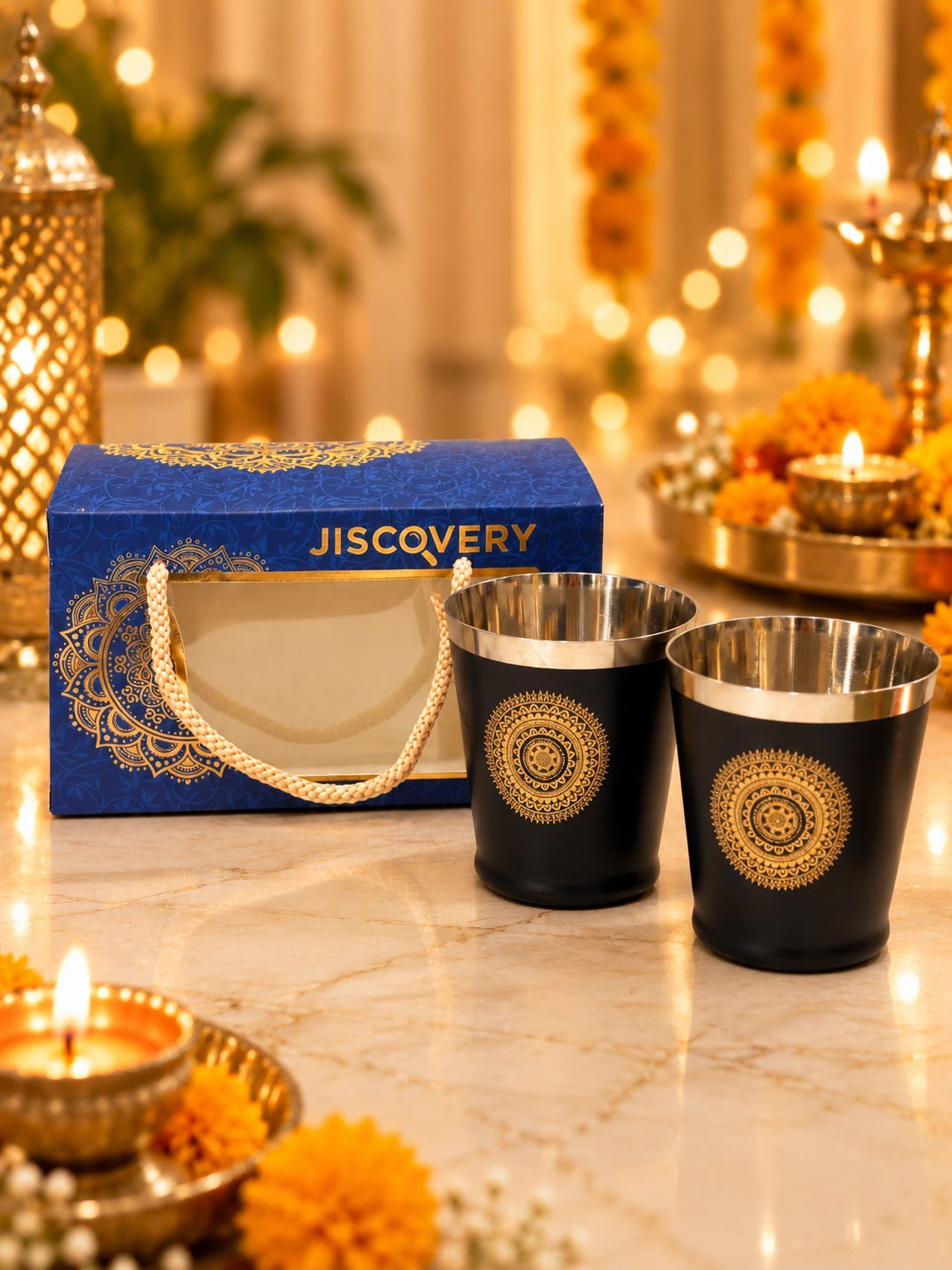 Diwali Gifting Box Stainless Steel Bucket Glasses Set Of 4 With Box Black Color