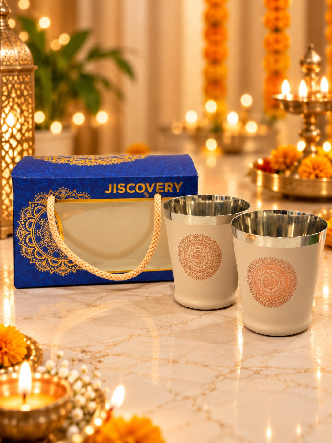 Diwali Gifting Box Stainless Steel Bucket Glasses Set Of 4 With Box Coffee Color