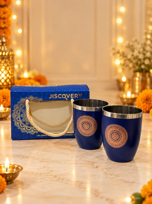 Diwali Gifting Box Stainless Steel Round Glasses Set Of 4 With Box Blue Color
