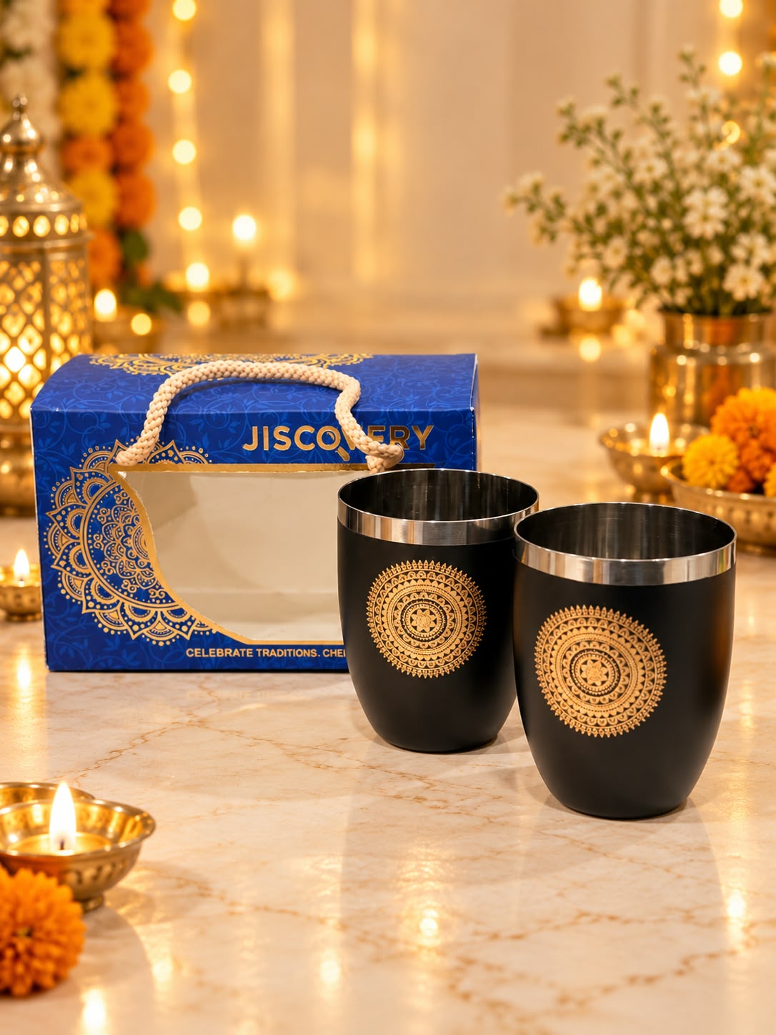 Diwali Gifting Box Stainless Steel Round Glasses Set Of 4 With Box Black Color