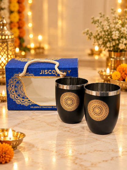 Diwali Gifting Box Stainless Steel Round Glasses Set Of 4 With Box Black Color