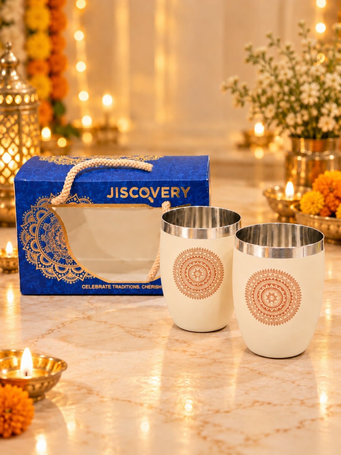 Diwali Gifting Box Stainless Steel Round Glasses Set Of 4 With Box Beige Color