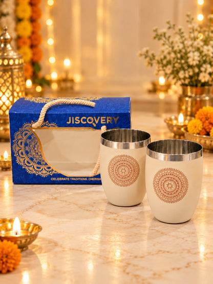 Diwali Gifting Box Stainless Steel Round Glasses Set Of 4 With Box Coffee Color