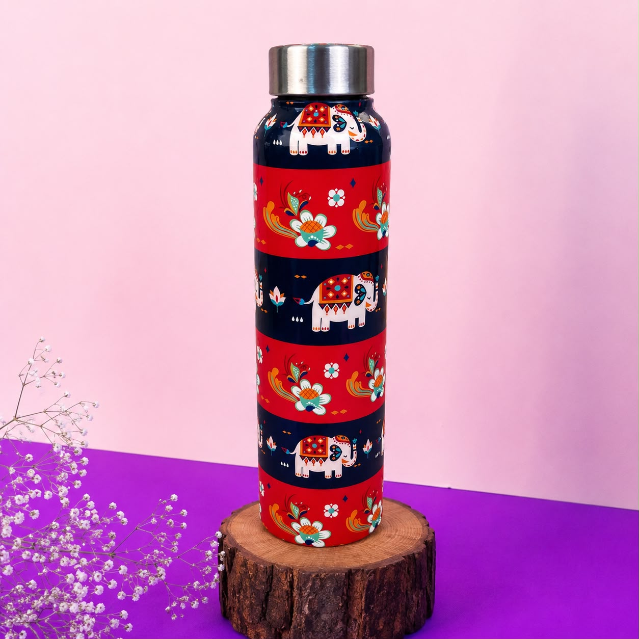 JISCOVERY Premium Stainless Steel Water Bottle| Red Elephant Design- 1000 ML Bottle for Office, School & Home| Leak Proof & Rust Proof