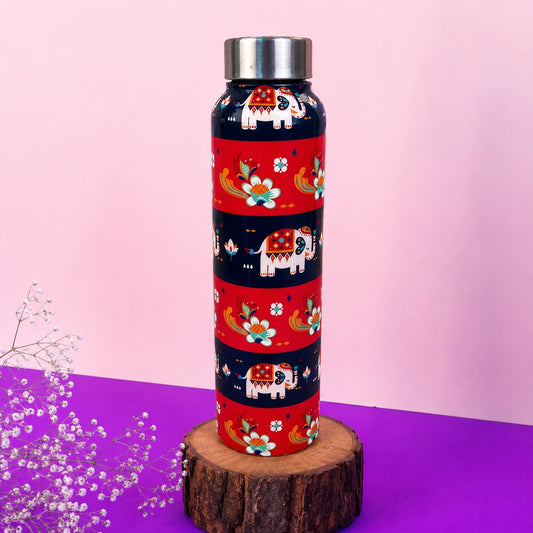 JISCOVERY Premium Stainless Steel Water Bottle| Red Elephant Design- 1000 ML Bottle for Office, School & Home| Leak Proof & Rust Proof