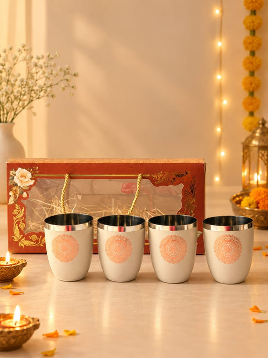 Diwali Gifting Box Stainless Steel Round Glasses Set Of 4 With Box (Coffee Color)