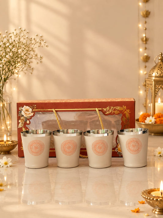 Diwali Gifting Box Stainless Steel Bucket Glasses Set Of 4 With Box (Coffee color)