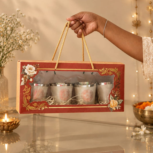 Diwali Gifting Box Stainless Steel Bucket Glasses Set Of 4 With Box (Coffee color)