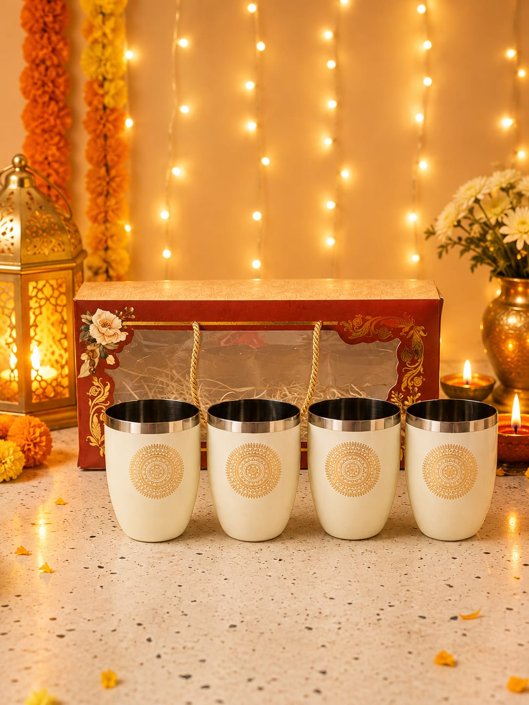 Diwali Gifting Box Stainless Steel Glasses Set Of 4 With Box Beige Color