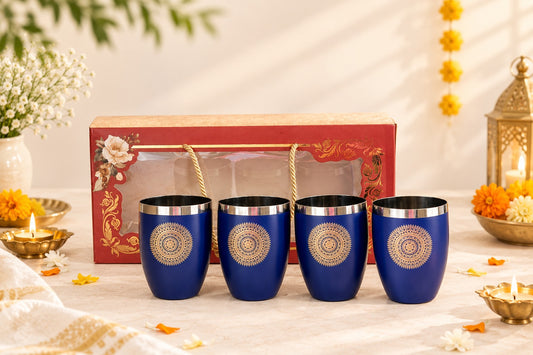 Diwali Gifting Box Stainless Steel Round Glasses Set Of 4 With Box (Blue Color)