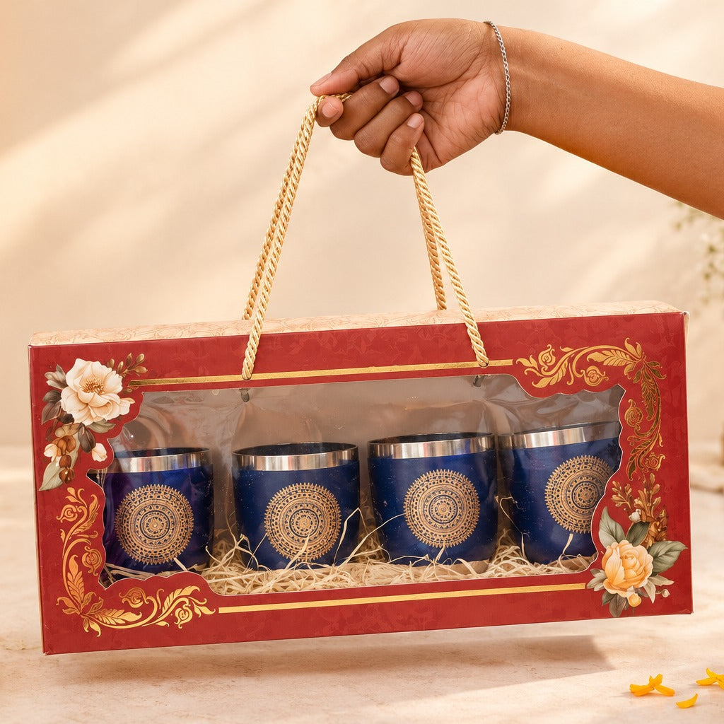 Diwali Gifting Box Stainless Steel Round Glasses Set Of 4 With Box (Blue Color)