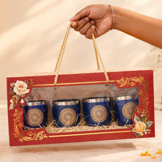 Diwali Gifting Box Stainless Steel Round Glasses Set Of 4 With Box (Blue Color)