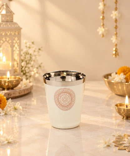 Diwali Gifting Box Stainless Steel Bucket Glasses Set Of 4 With Box (Beige Color)
