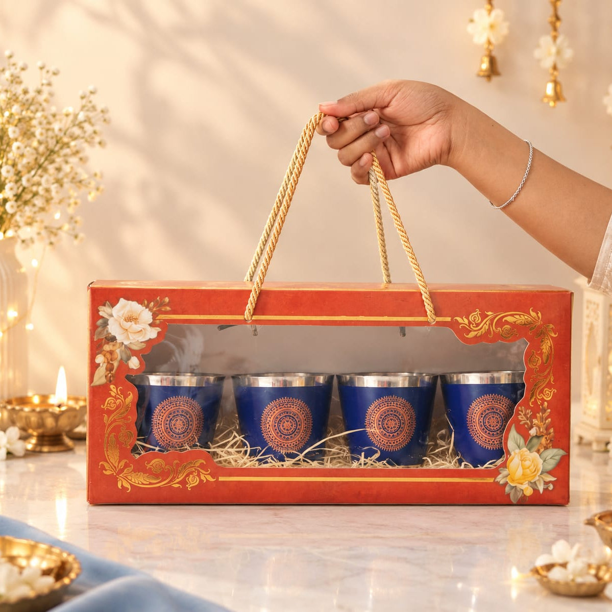 Diwali Gifting Box Stainless Steel Bucket Glasses Set Of 4 With Box (Blue Color)