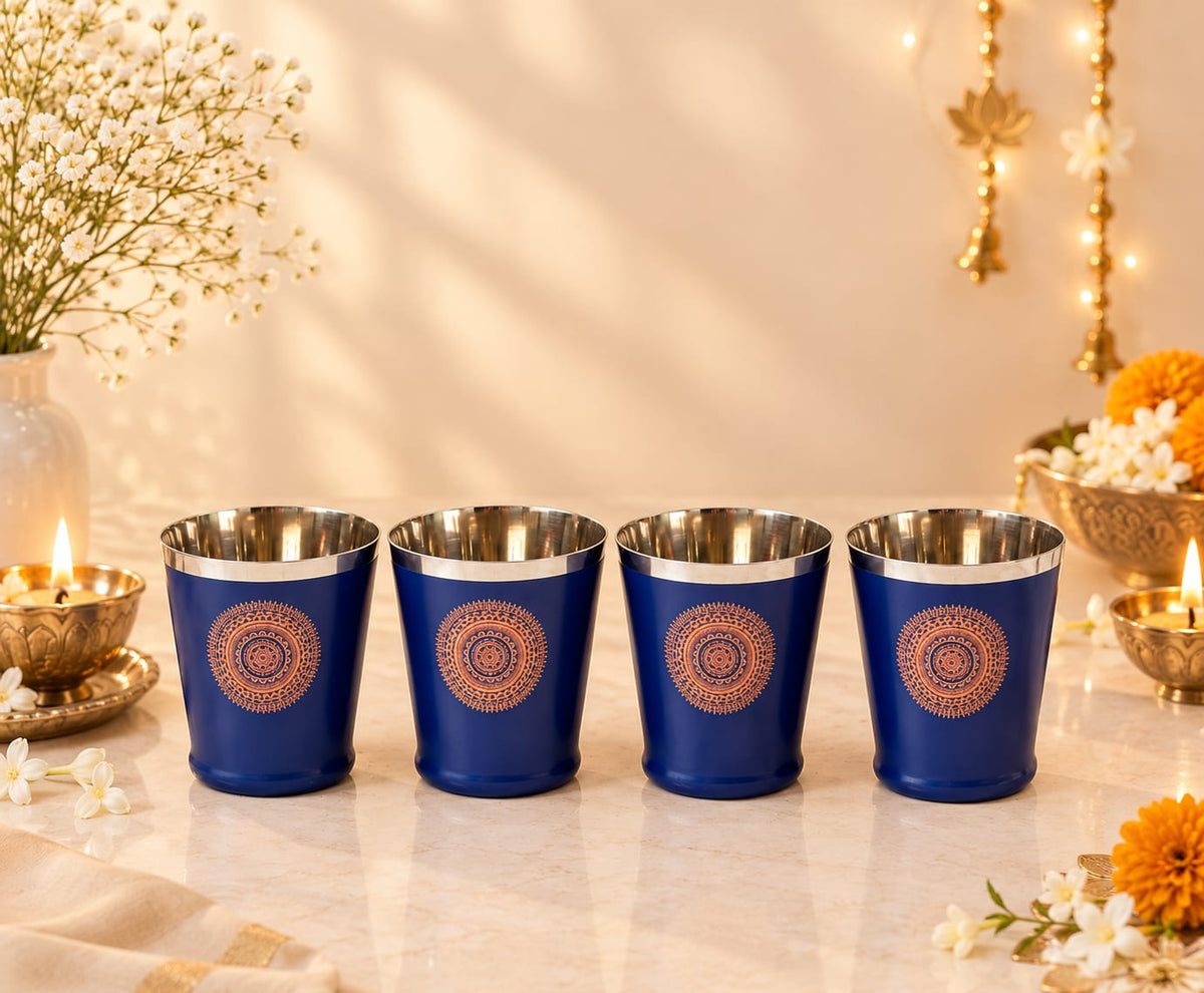 Diwali Gifting Box Stainless Steel Bucket Glasses Set Of 4 With Box (Blue Color)