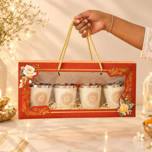 Diwali Gifting Box Stainless Steel Bucket Glasses Set Of 4 With Box (Beige Color)