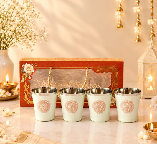 Diwali Gifting Box Stainless Steel Bucket Glasses Set Of 4 With Box (Beige Color)