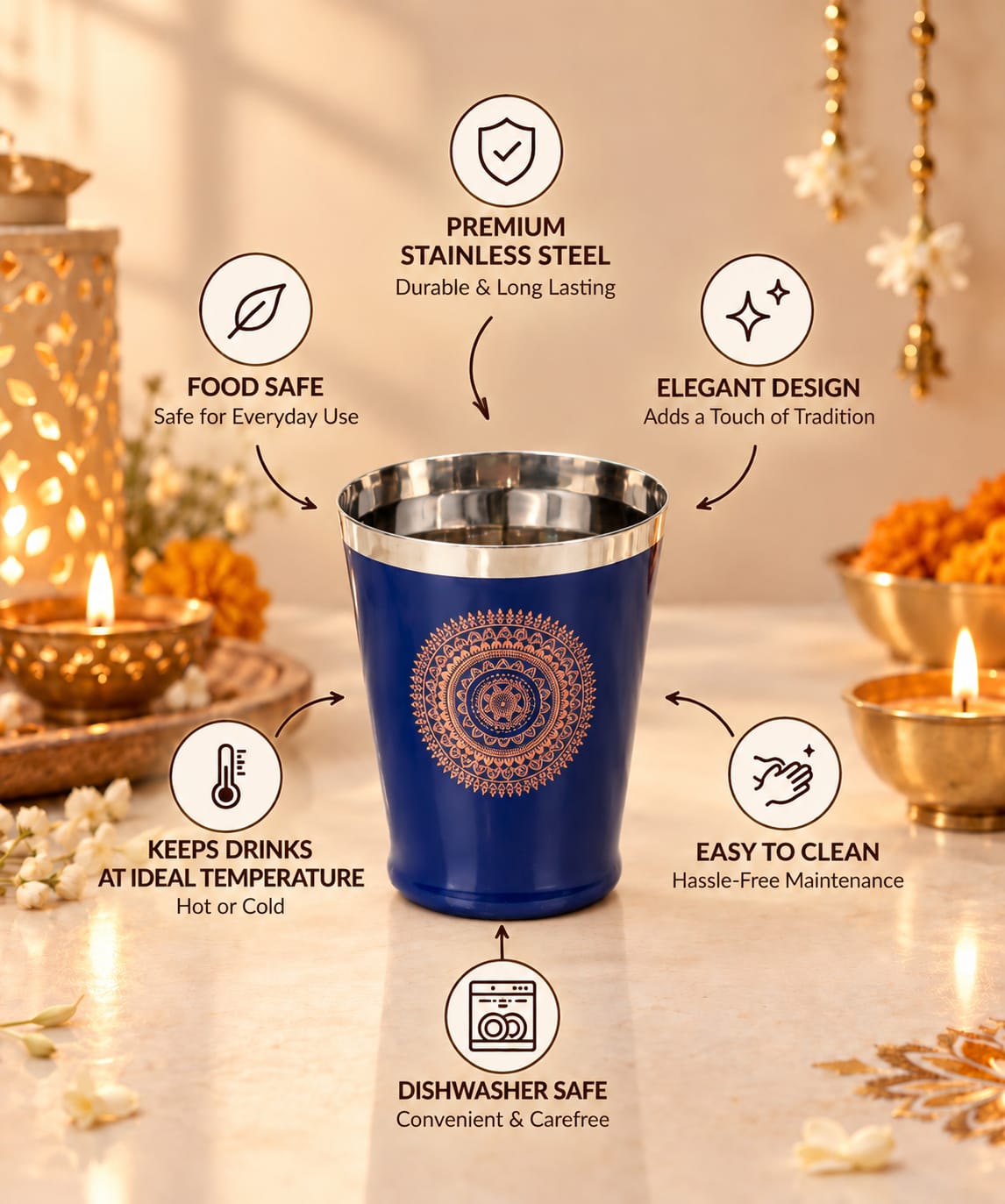 Diwali Gifting Box Stainless Steel Bucket Glasses Set Of 4 With Box Blue Color