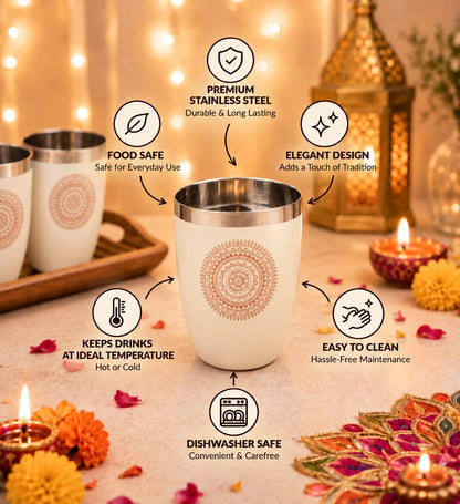 Diwali Gifting Box Stainless Steel Glasses Set Of 4 With Box Beige Color