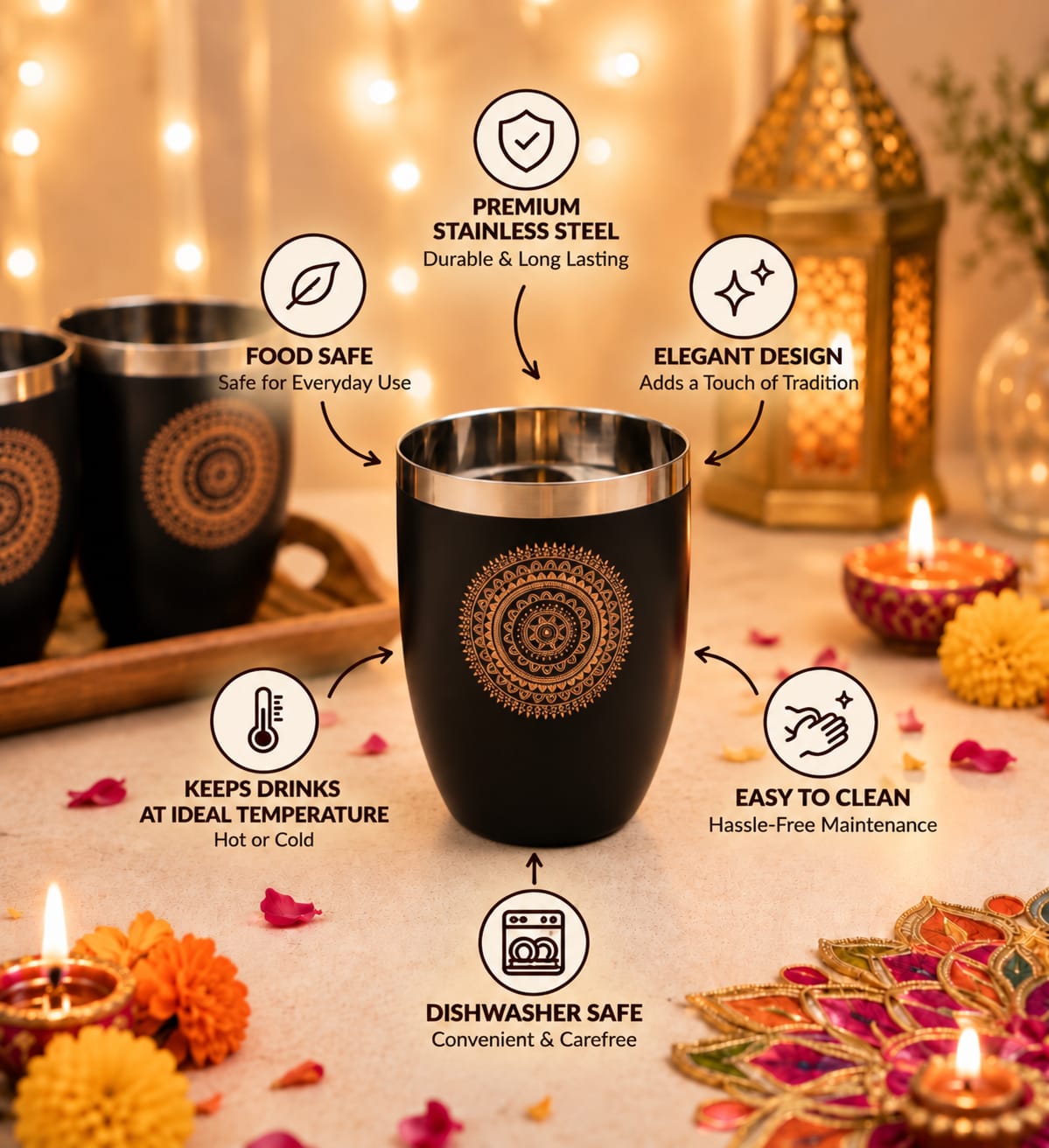 Diwali Gifting Box Stainless Steel Round Glasses Set Of 4 With Box Black Color