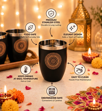 Diwali Gifting Box Stainless Steel Round Glasses Set Of 4 With Box Black Color