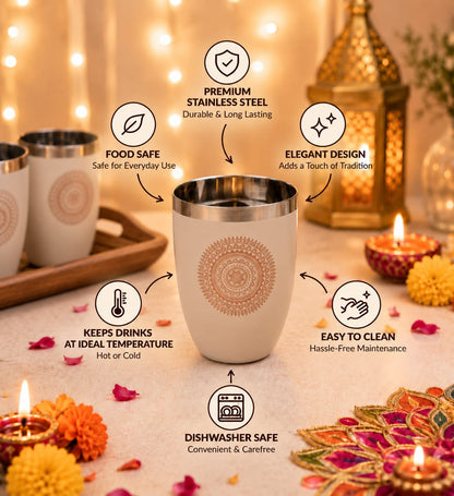 Diwali Gifting Box Stainless Steel Round Glasses Set Of 4 With Box Coffee Color
