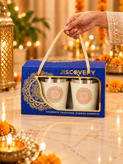 Diwali Gifting Box Stainless Steel Bucket Glasses Set Of 4 With Box Beige Color