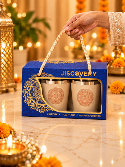 Diwali Gifting Box Stainless Steel Bucket Glasses Set Of 4 With Box Coffee Color