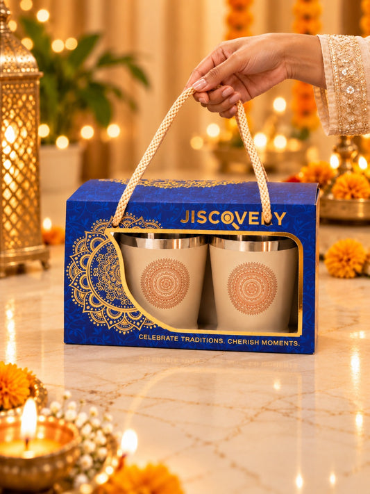 Diwali Gifting Box Stainless Steel Bucket Glasses Set Of 4 With Box Coffee Color