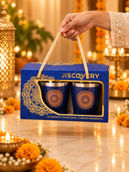 Diwali Gifting Box Stainless Steel Bucket Glasses Set Of 4 With Box Blue Color