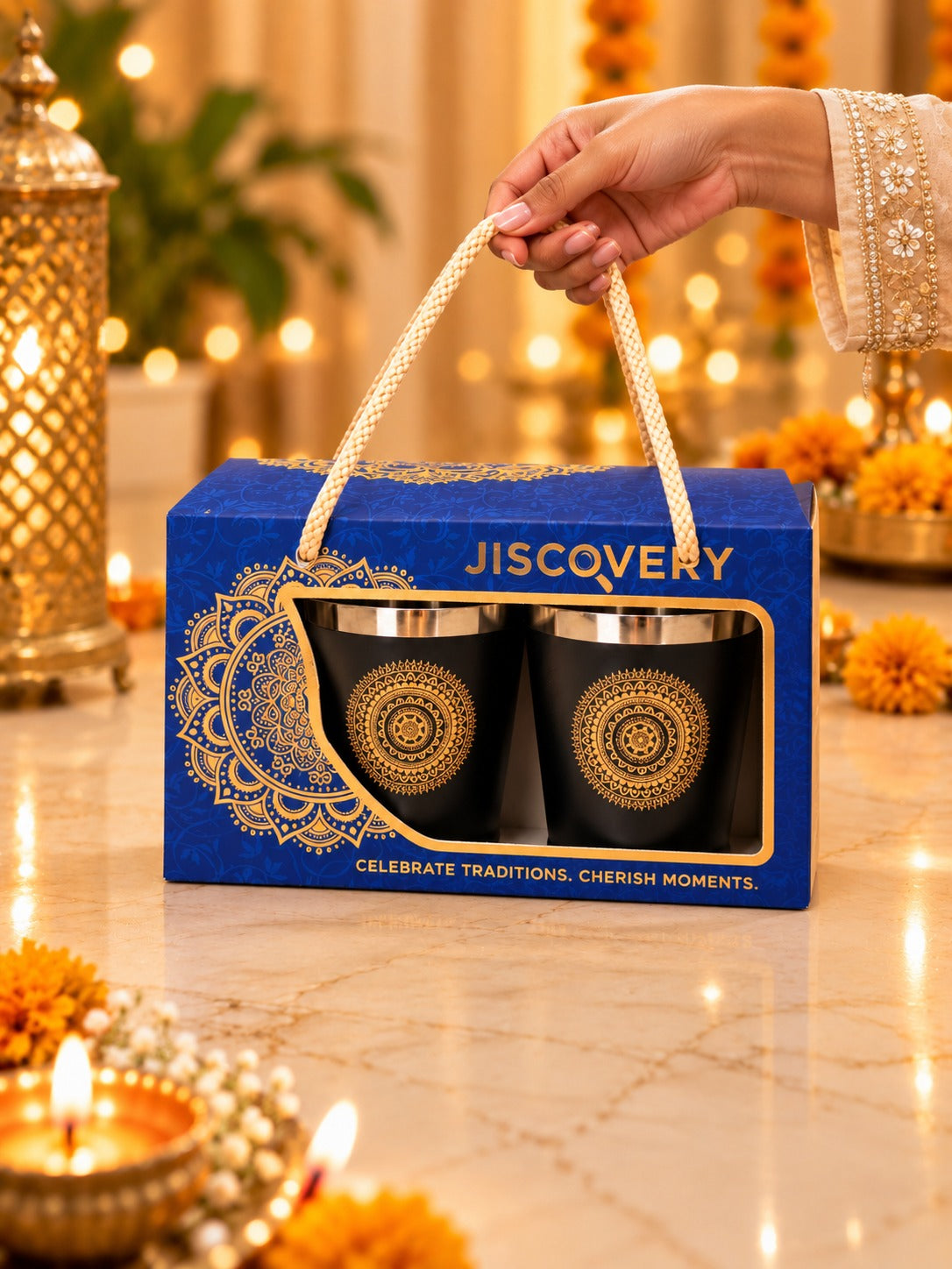 Diwali Gifting Box Stainless Steel Round Glasses Set Of 4 With Box Black Color