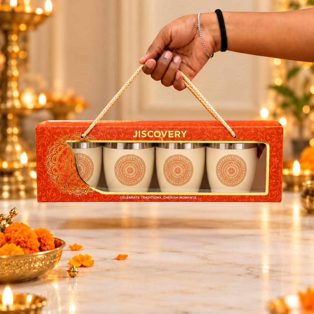 Diwali Gifting Box Stainless Steel Glasses Set Of 4 With Box Beige Color